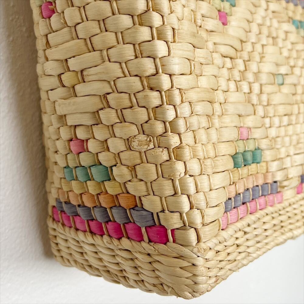 Vintage Woven Straw Tote Bag Boho Market Basket Painted Tribal Aztec Detail - Picture 3 of 11